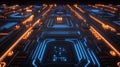 The dark background of a futuristic circuit board, adorned with blue glowing lines, creates a simple and high-tech visual effect Royalty Free Stock Photo