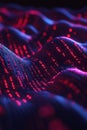 A dark background with glowing digital binary code streams.