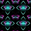 Dark background with neon buterflies. Happy Easter.