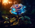 dark background and a magic rose with glitter and lights.