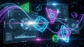 Futuristic Digital Interface with Geometric Shapes and Neon Light Trails technology data Royalty Free Stock Photo