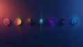 Dark background, seven clocks of different sizes and colors in the center of each clock are illuminated with light