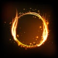 Dark background with shiny round frame with flame