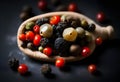 Dark background showing a stone mortar up close and black peppercorns with with space for text