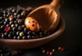 Dark background showing a stone mortar up close and black peppercorns with with space for text Royalty Free Stock Photo