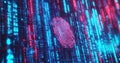 A dark background shows a data processing image over a biometric fingerprint Royalty Free Stock Photo