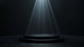 Dark background with a soft spotligth en the center, a minimalist podium in the center, front side view. Generated by artificial Royalty Free Stock Photo