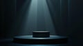 Dark background with a soft spotligth en the center, a minimalist podium in the center, front side view. Generated by artificial Royalty Free Stock Photo