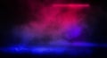 Dark background of the street, thick fog, spotlight, blue and red neon. Royalty Free Stock Photo