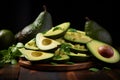 Dark background, tempting avocado slices, wooden backdrop, culinary appeal