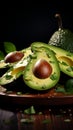 Dark background, tempting avocado slices, wooden backdrop, culinary appeal
