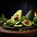 Dark background, tempting avocado slices, wooden backdrop, culinary appeal