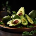 Dark background, tempting avocado slices, wooden backdrop, culinary appeal