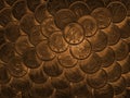 Dark background on the theme of Japan`s economy and finance. Top view of surface of Japanese 1 yen coins. Dramatic brown inverted