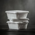 In a dark background, three white plastic containers with lids are stacked Royalty Free Stock Photo