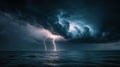 A dark background with a thundercloud and lightning. Multiple lightning discharges over a stormy sea. Illustration for Royalty Free Stock Photo