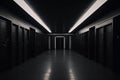 Dark backroom, many ways empty and labyrinth. AI generative