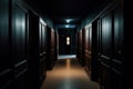 Dark backroom, many ways empty and labyrinth. AI generative