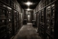 Dark backroom, many ways empty and labyrinth. AI generative