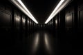 Dark backroom, many ways empty and labyrinth. AI generative