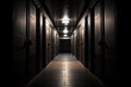 Dark backroom, many ways empty and labyrinth. AI generative