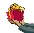 The hand gives a gift. Vector drawing