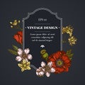 Dark badge design with almond, poppy flower, tilia cordata