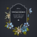 Dark badge design with edelweiss, meadow geranium, gentiana