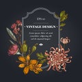 Dark badge design with japanese chrysanthemum, blackberry lily, eucalyptus flower