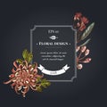 Dark badge design with japanese chrysanthemum, blackberry lily, eucalyptus flower