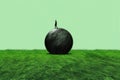 A Dark Ball Of Grass On A Green Background With A Man Walking On Top. The Concept Of Our Planet. Generative AI