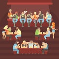 Dark Bar With Criminal Looking Bikers And Sailor Clients And Slutty Waitresses Serving Beers Illustration
