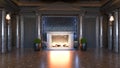 Dark baroque and classic interior design idea with fireplace and plant realistic 3D rendering