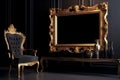 Dark baroque interior with golden blank frame on the wall. Gold frame mockup with empty center on the wall.