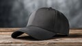 Dark baseball cap resting on a wooden surface with a gray background Royalty Free Stock Photo