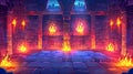 Dark basement of medieval temple, palace or fort tower with fire on wall at night. Stone brick wall with torches. Modern Royalty Free Stock Photo