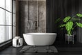 Dark bathroom interior with bathtub and accessories, panoramic window