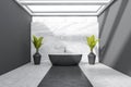 Dark bathroom interior with bathtub, empty black wall