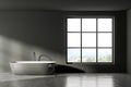 Dark bathroom interior with bathtub, table with towels and window. Mockup