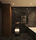 Dark bathroom interior with black marble and white toilet. Minimalist design modern luxury furniture. 3d render. High Royalty Free Stock Photo