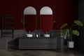 Dark bathroom interior with washbasins and mirror, accessories