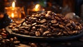 Dark bean freshness, gourmet coffee, heat on wooden table generated by AI