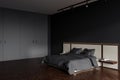 Dark bedroom interior with bed, empty grey wall Royalty Free Stock Photo