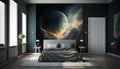 Dark bedroom interior with dark blue walls, wooden floor, double bed with black bedclothes and fantasy planet. 3d rendering Royalty Free Stock Photo