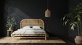 Dark bedroom interior mockup, wooden rattan bed on empty dark wall background. AI Generative Royalty Free Stock Photo