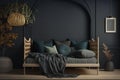 Dark bedroom interior mockup, wooden rattan bed on empty dark wall background, Scandinavian style Royalty Free Stock Photo