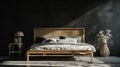 Dark bedroom interior mockup, wooden rattan bed on empty dark wall Scandinavian. AI Generative Royalty Free Stock Photo