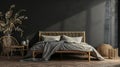 Dark bedroom interior mockup, wooden rattan bed on empty dark wall Scandinavian. AI Generative Royalty Free Stock Photo