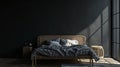 Dark bedroom interior mockup, wooden rattan bed on empty dark wall Scandinavian. AI Generative Royalty Free Stock Photo