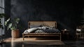 Dark bedroom interior mockup, wooden rattan bed on empty dark wall Scandinavian. AI Generative Royalty Free Stock Photo